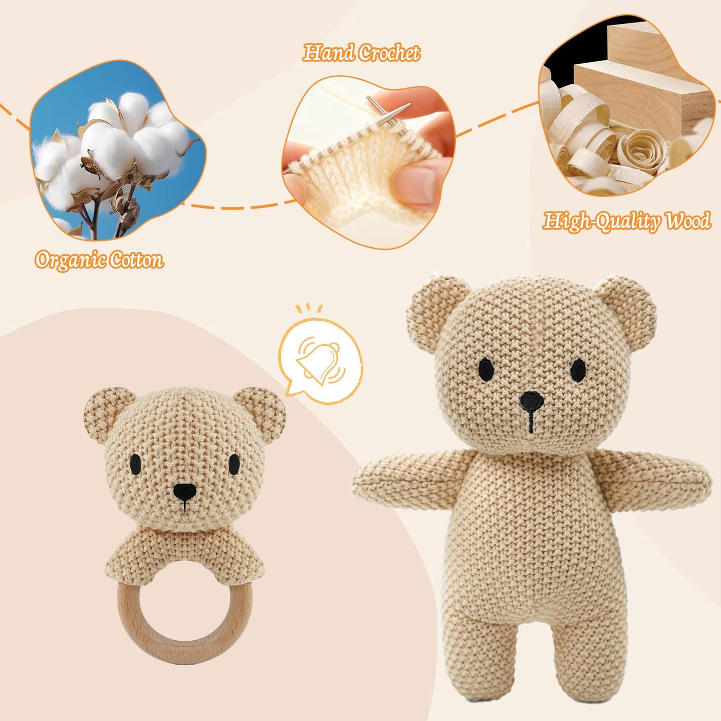 10" Crochet Bear Stuffed Animal with Rattle, Pure Cotton Soft Crochet Doll Plush Toy for Newborn, Handmade Baby Shower Gift & First Birthday Gift