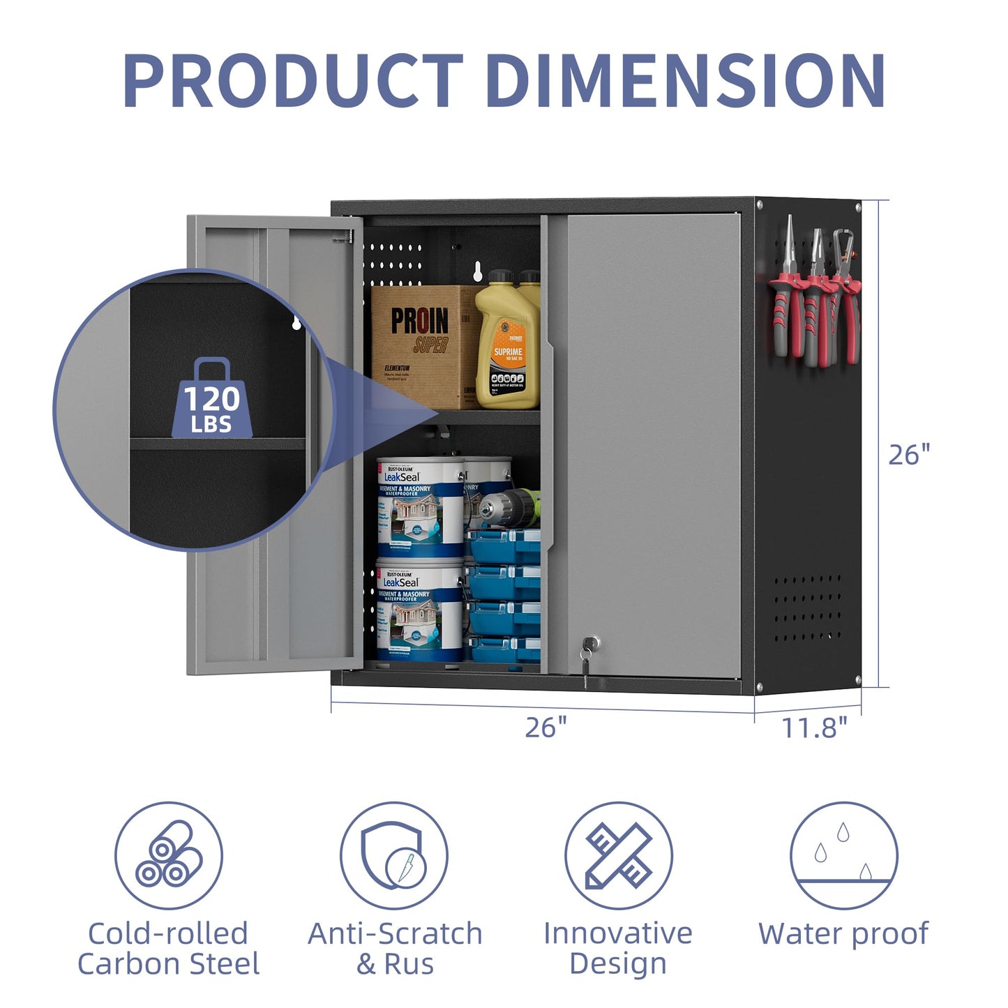 Garage Wall Cabinet, Metal Garage Cabinets with 2 Doors and Adjustable Shelf, Lockable Floating Tool Cabinet with Pegboard, Black Steel Wall Mounted Tool Cabinets for Kitchen,Office,Laundry,Warehouse