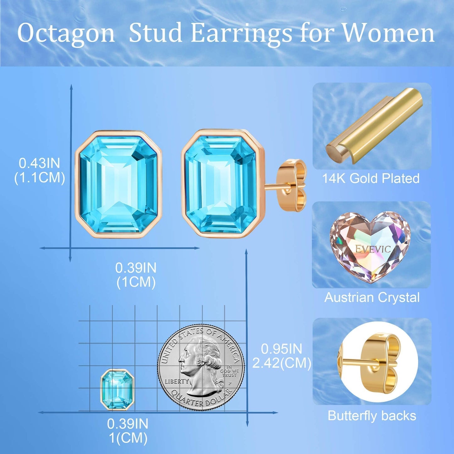 Austrian Crystal Octagon Stud Earrings for Women Fashion 925 Sterling Silver Post Hypoallergenic Jewelry (Blue Zircon)