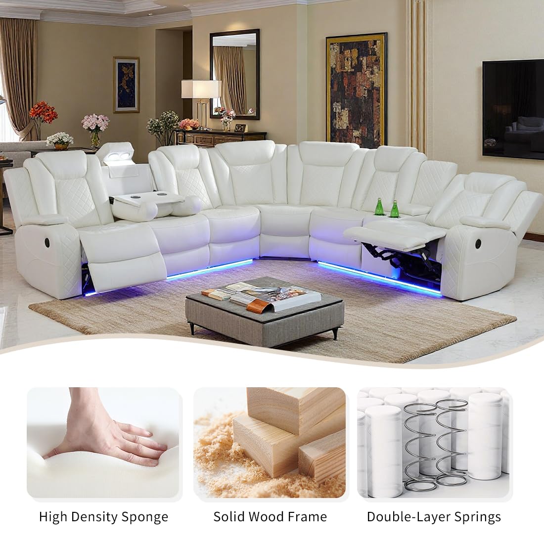 Toseslo Living Room Furniture Sets, Power Reclining Sofa Set, Vanilla White Leather 2 Recliner Sectional with LED Light, Power Recliner Sofa Sets with Cup Holder/Storage Console for Living Room