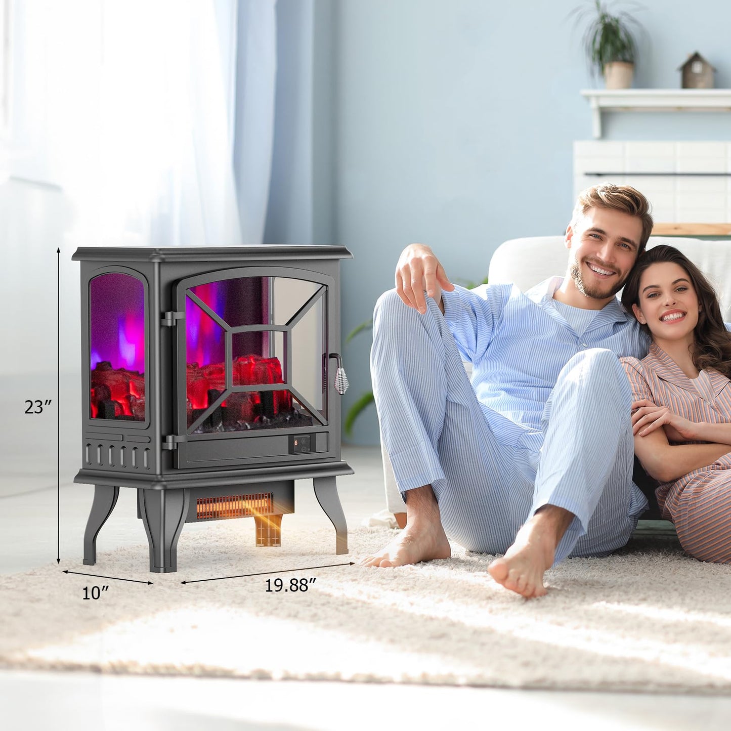 ROVSUN Electric Fireplace Stove, 23''H Freestanding Heater with Realistic Flame Effect, APP & Remote Control, Timer, Adjustable Temp, Overheat & Tip-Over Protection for Bedroom Living Room, 1400W