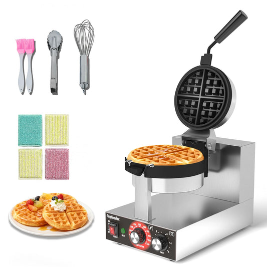 POPFOODEX Belgian Waffle Maker, 110V Industrial Waffle Maker w/Non-Stick Coating and Adjustable Temperature (122-572°F), 1200W Rotary Commercial Waffle Machine w/Timer, Restaurants and Food Trucks