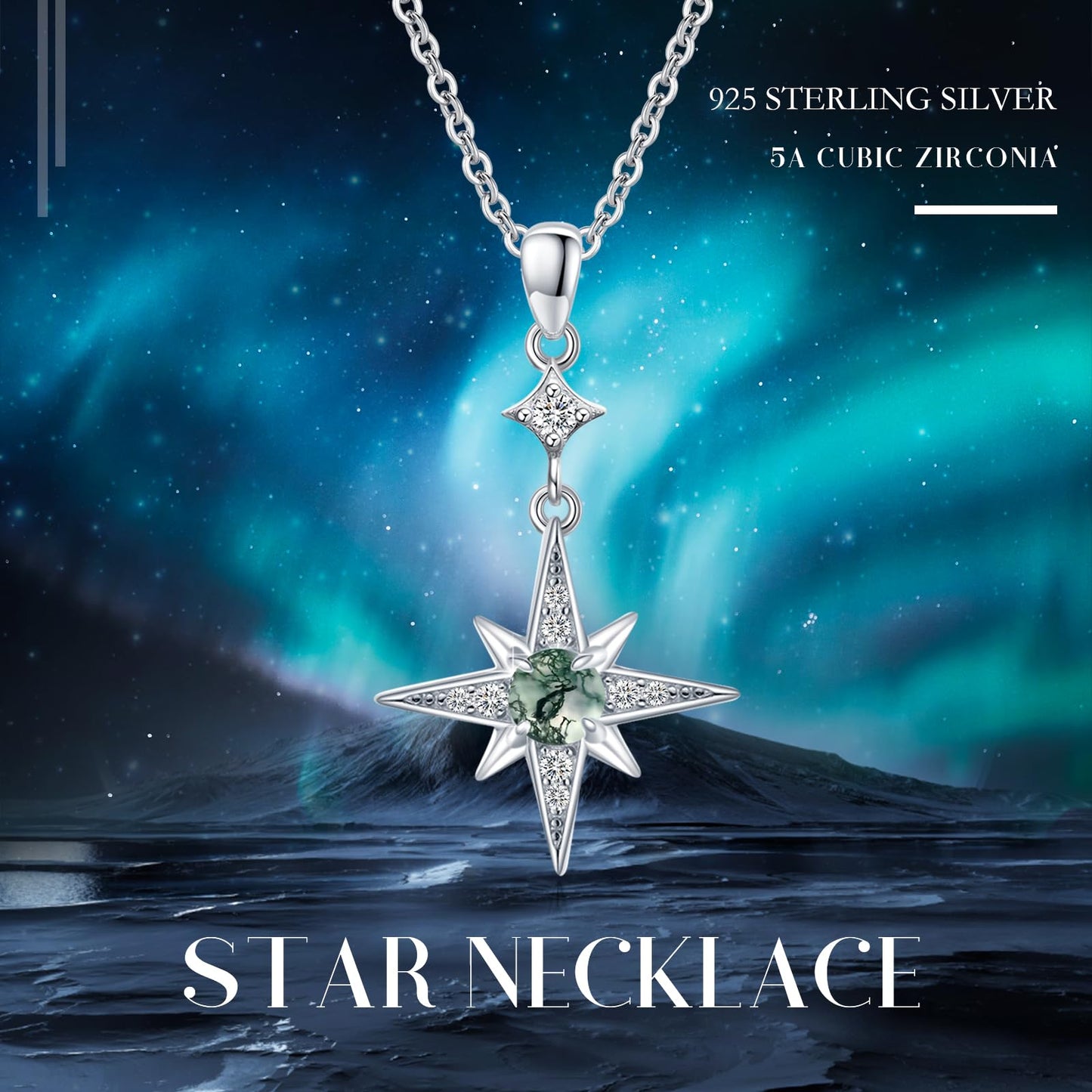 Silikepa Star Necklace for Women 925 Sterling Silver North Star Pendant Necklace with Moss Agate Jewelry Gift for Women