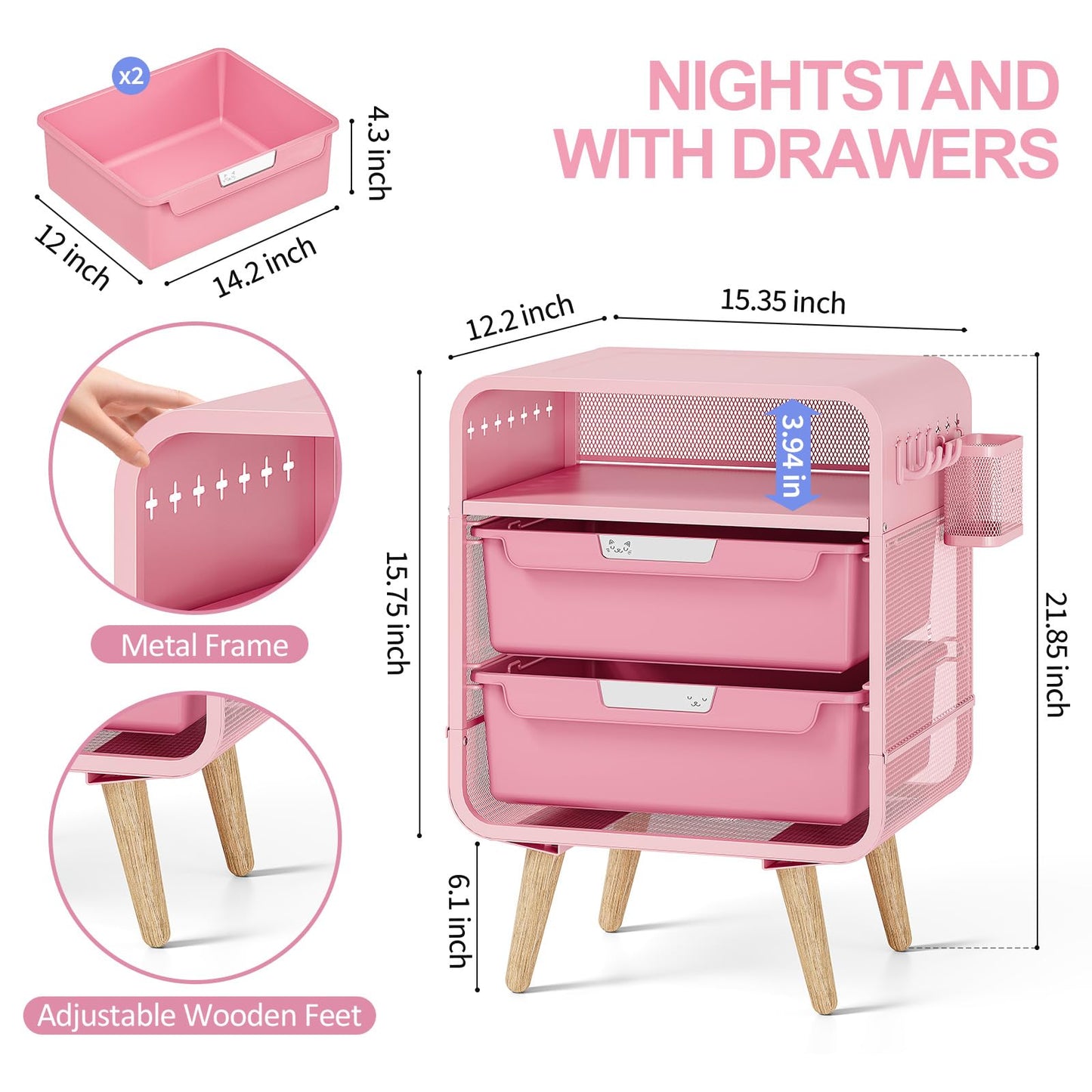 SYKIARIOL Pink Nightstand, Cute End Table with Storage Drawer, Kids Nightstand for Bedroom Furniture, Bedside Table Small Desk Coffee Table for Living Room, Dorm, Office
