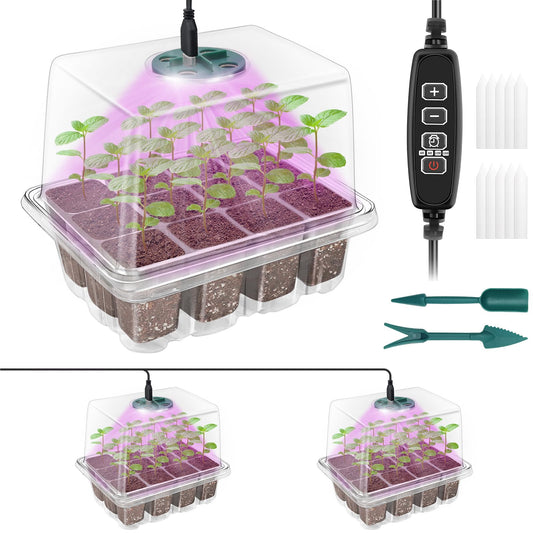 Qoolife Seed Starter Tray with Plant Light, 2 Pack Grow Lights for Seed Starting Kit with Humidity Domes, Timing Controller Adjustable Brightness for Greenhouse Propagator Station Growing Transparent