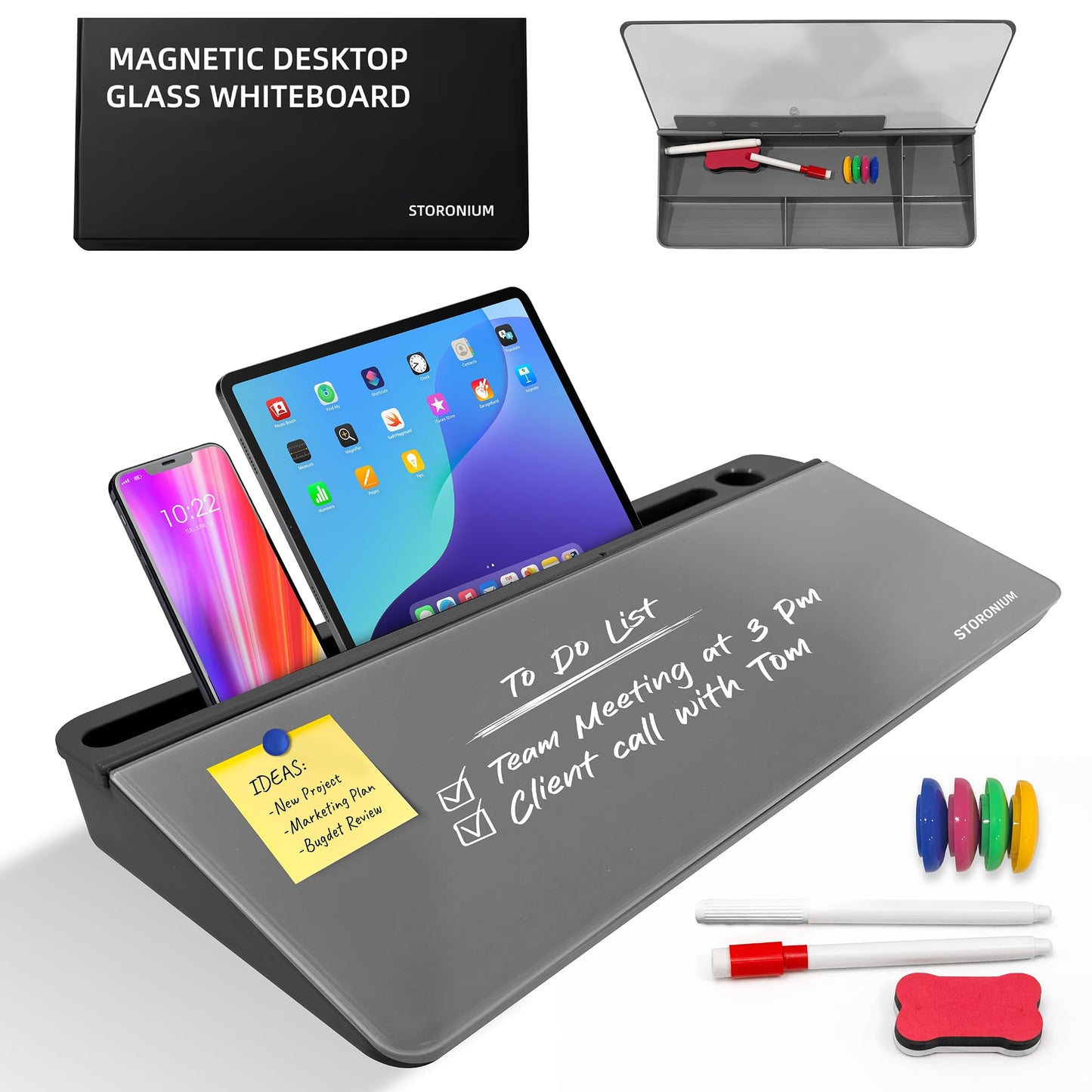 Storonium Glass Desktop Magnetic Whiteboard with Storage, Frosted Glass Dry Erase Board for Desk, Desk Organizer with Strong Magnets and Phone Stand for Home Office and School Supplies