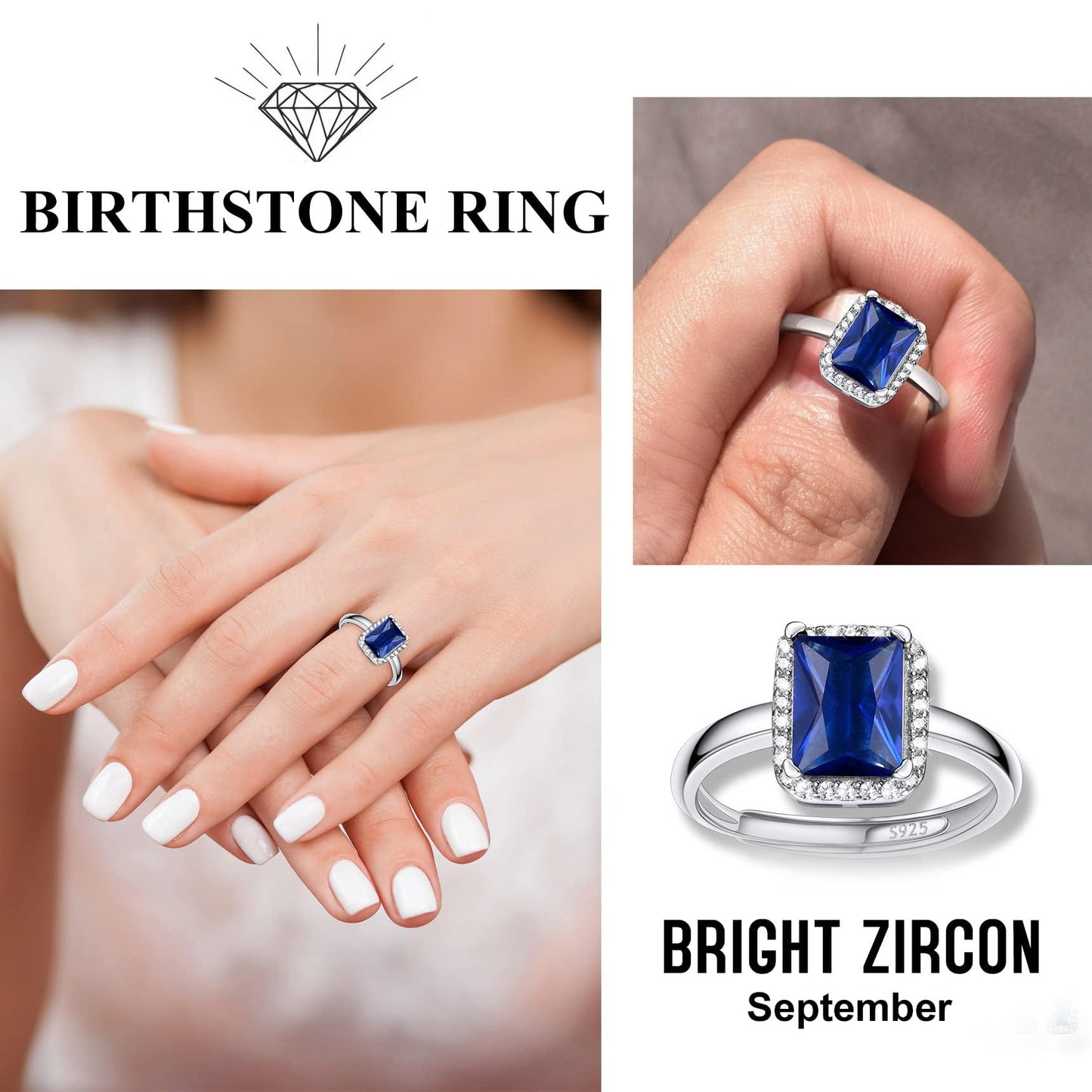 Bestyle Adorable September Sapphire Birthstone Rings 925 Sterling Silver CZ Square Gemstone Rings Great Birthday Gift for Daughter/Wife/Mom/Grandma