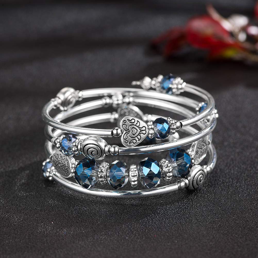 PEARL&CLUB Bead Crystal Wrap Bangle Bracelet - Fashion Jewelry Beaded Bracelet with Silver Metal, Gifts for Women(23-Transparent blue)