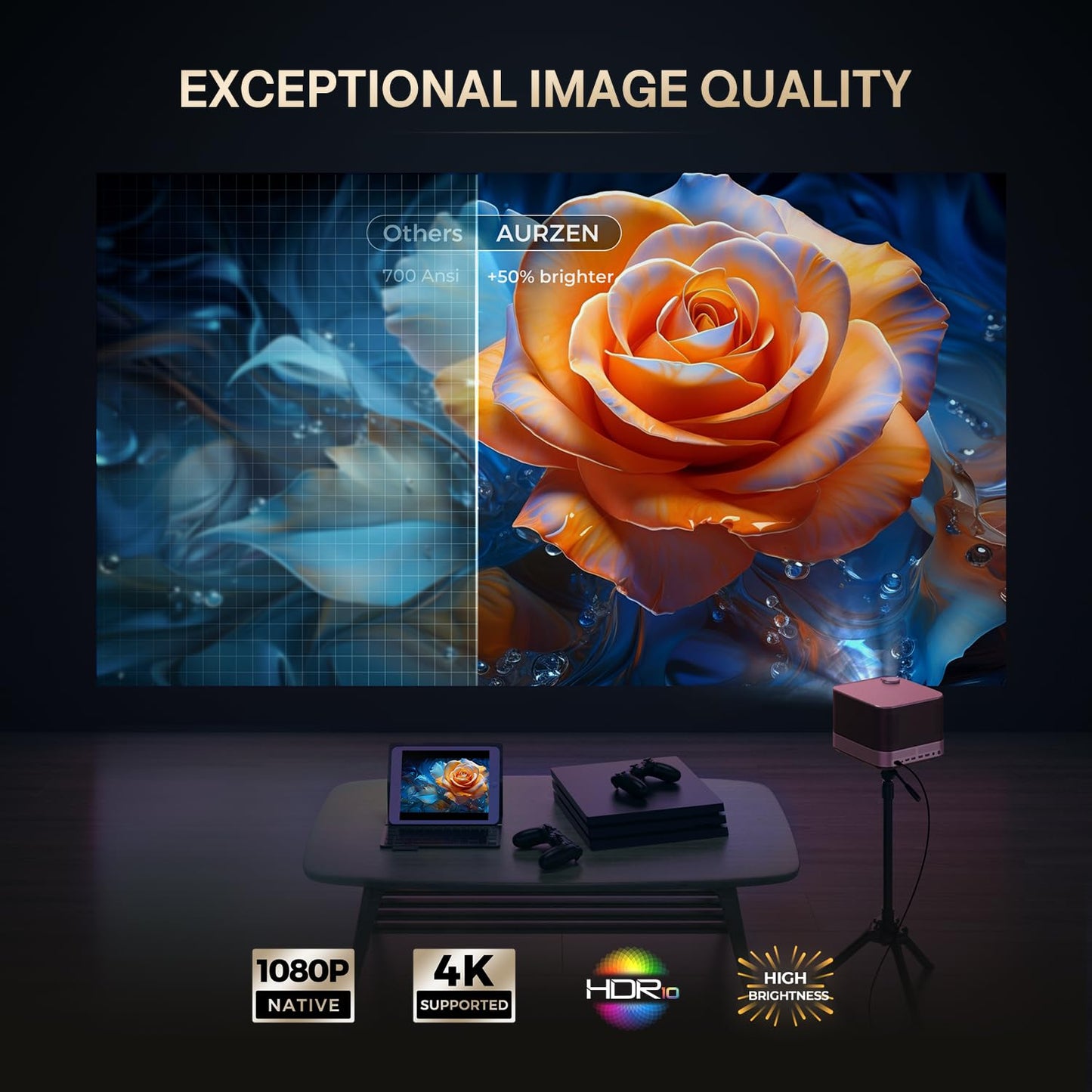 3-in-1 Projector 4K Supported, AURZEN BOOM 3 Smart Projector with WiFi and Bluetooth, 3D DoIby Audio & 36W Speakers, Auto Focus & Keystone, Built in NetfIix App 500 ANSI Home Outdoor proyector, Black