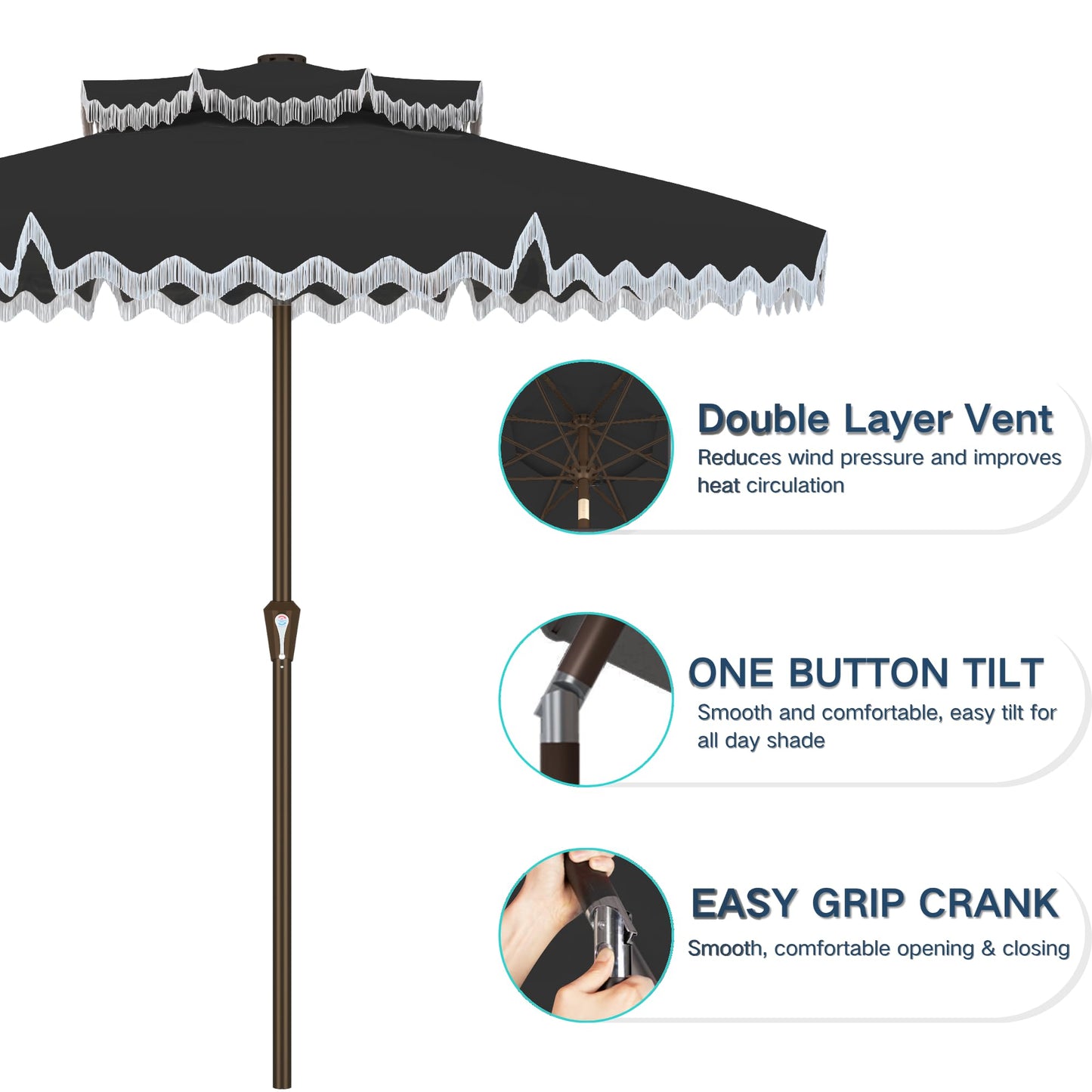 Kingdura 9ft Patio Umbrella with Fringe, Outdoor Table Umbrella with 8 Sturdy Fiberglass Ribs, Push-Button Tilt, Fade Resistant Canopy, UPF 50+, Luxurious Vintage Pool Umbrellas for Lawn, Deck, Balcony