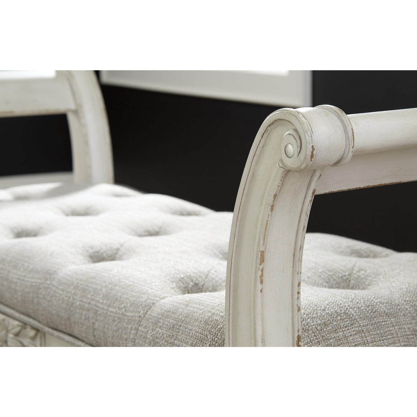 Signature Design by Ashley Realyn French Country Upholstered Tufted Accent Bench with Foam Cushion and Scrolled Arms, Wood Frame, 25.88" High, Antique White