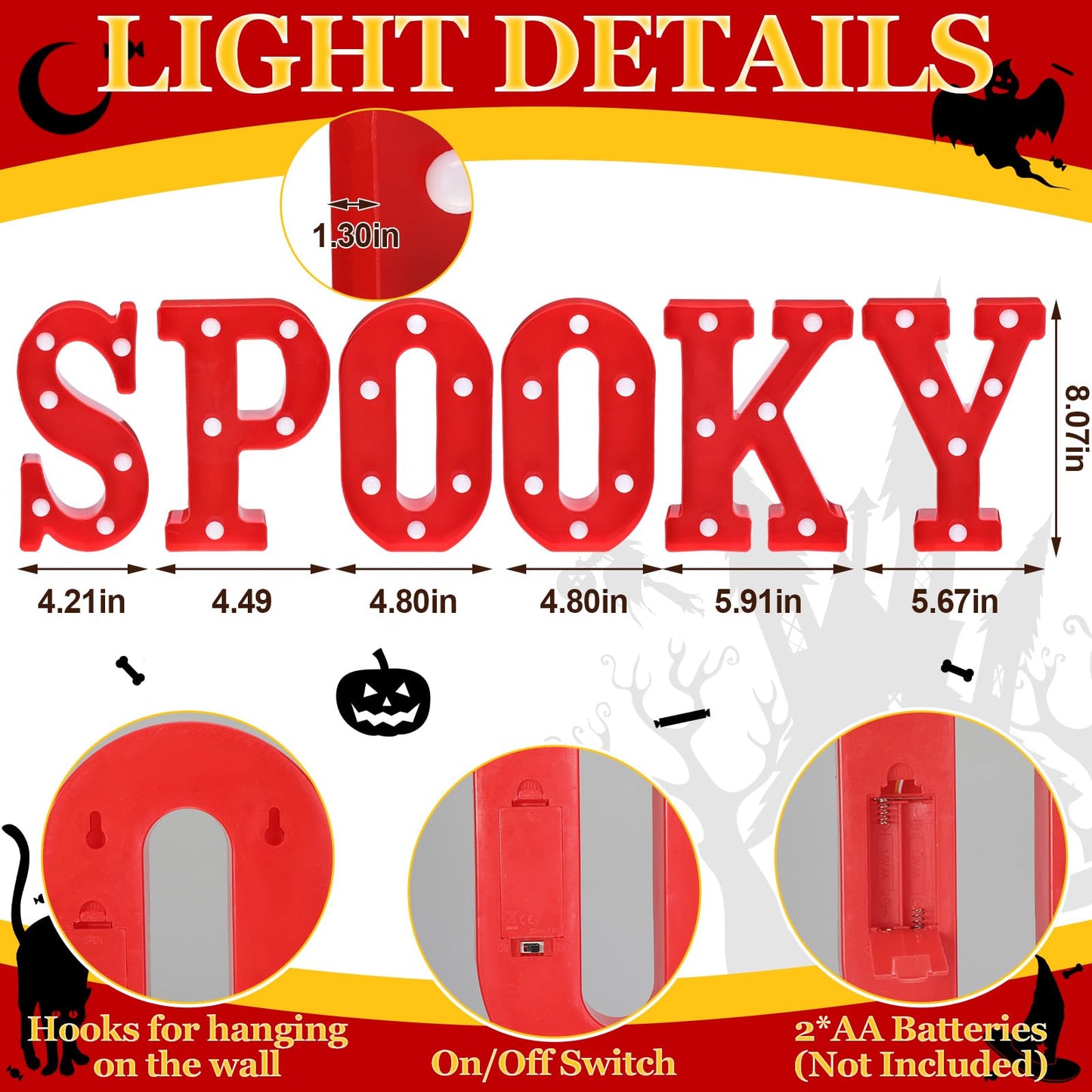 Grinsvalley 6 Pcs Halloween Decorations LED Spooky Signs Marquee Light up Letters for Table Wall Hanging Red Spooky Letters Lights Halloween Party Supplies for Porch Mantel Bedroom Tabletop