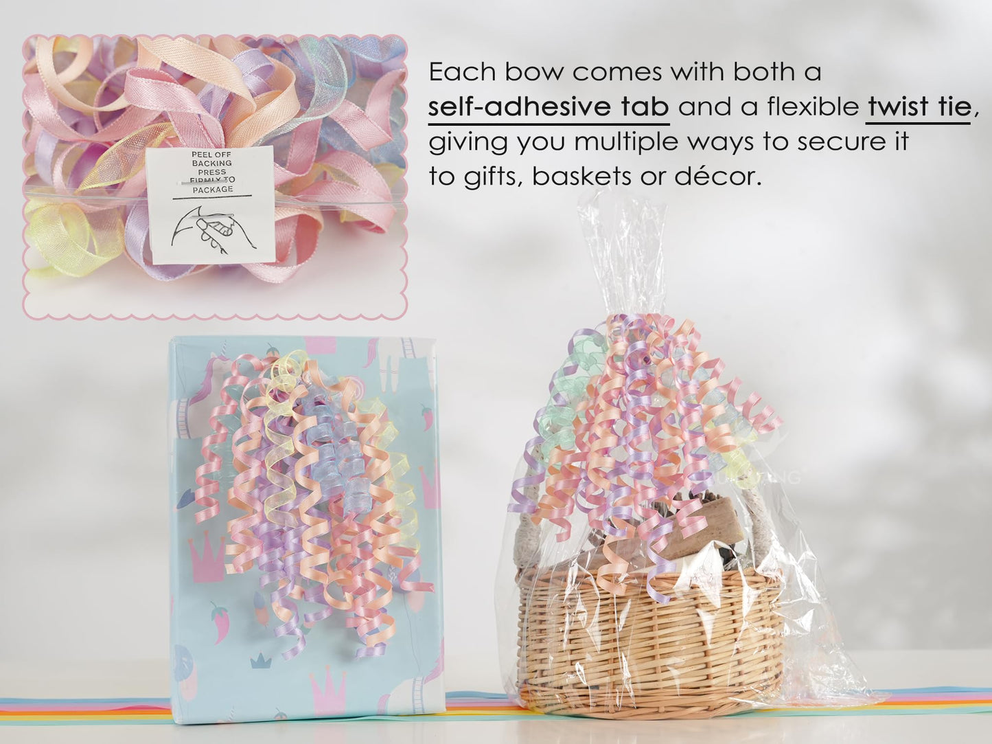 HUIHUANG Pastel Bows for Gift Wrapping 7" Pastel Rainbow Curly Gift Bow Self Adhesive & Twist Tie Ribbon Bows for Presents Gifts Easter Baskets Baby Shower Party Favors- 6 Counts