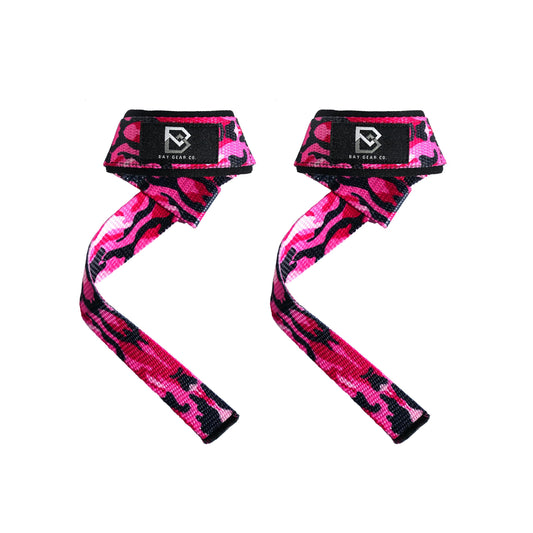 BAY GEAR CO. Wrist Straps for Weightlifting - 1 Pair Cotton Lifting Straps with Neoprene Padding, Comfortable Gym Essentials for Enhanced Grip Strength - Unique Printed Pink Camouflage Design