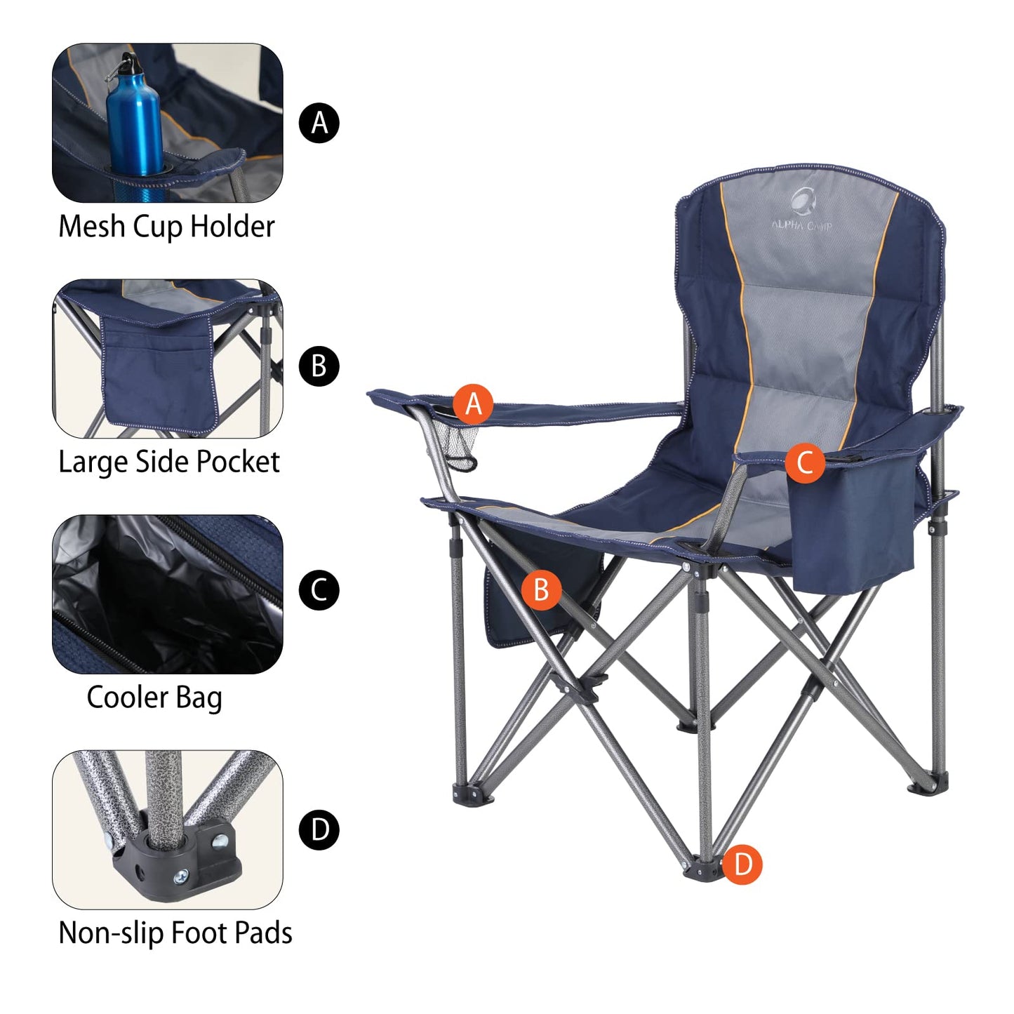 Oversized Folding Camping Chair for Adults, Heavy Duty Portable Lawn Chairs with Cooler Bag, Side Pocket & Cup Holder, Folding Chairs for Outside Support 450 LBS Outdoor Chair