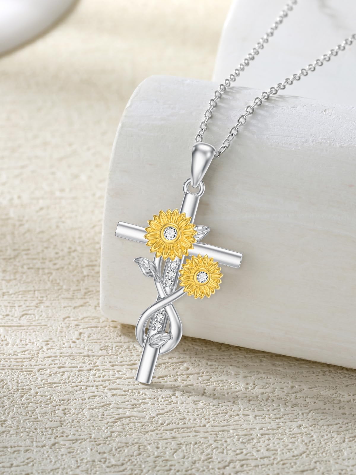 ZBA Natural Diamond Sunflower Necklace Sunflowers Gifts for Women Sterling Silver Sunflower Cross Pendant Faith Jewelry Anniversary Valentines Mothers Day Gifts for Mom Mother Women Wife Girlfriend Her Mom