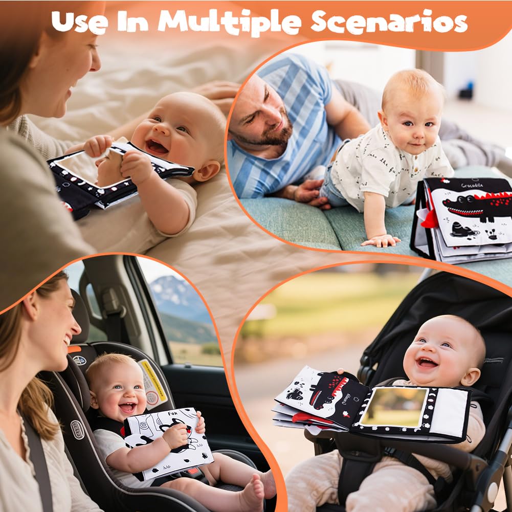 Yohome Black and White Baby Books for Newborn, Tummy Time Mirror, Baby Mirror Infant Toys with Soft Cloth Book, High Contrast Baby Toys, 3D Activity Crinkle Pages Sensory Tummy Time Toys for Babies