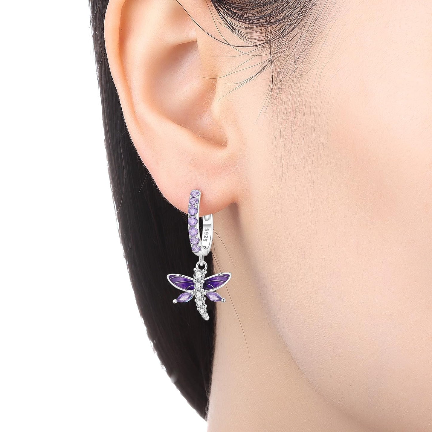 vireau 925 Sterling Silver Drop Earrings Dragonfly Flower Moon Star Dangle Earrings Hypoallergenic Sterling Silver Earrings Jewelry for Women (Purple Dragonfly)