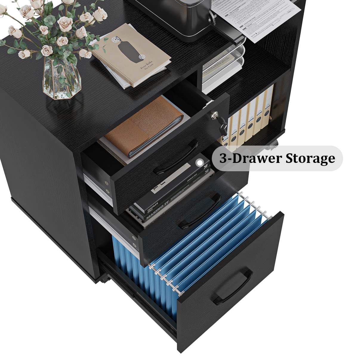 Panana 3 Drawer Office File Cabinets, Mobile Lateral Printer Stand with Open Storage Shelf, Rolling Filing Cabinet with Wheels Home Office Organization and Storage (Black)