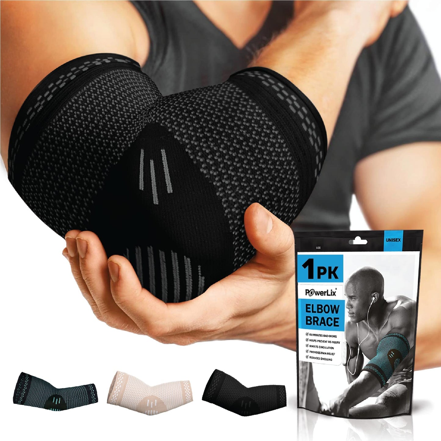 POWERLIX Elbow Brace Compression Support - Elbow Sleeve for Tendonitis, Tennis Elbow Brace and Golfers Elbow Treatment, Arthritis, Workouts, Weightlifting – Reduce Elbow Pain (Black, L)