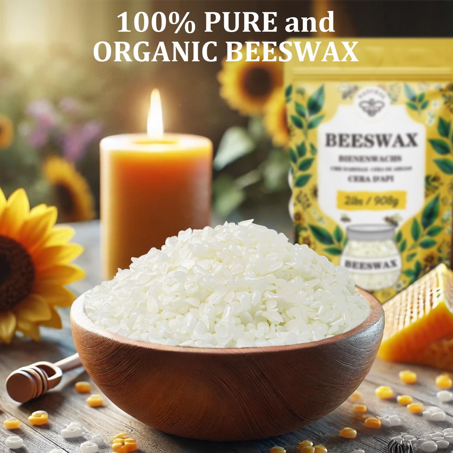 Beeswax pellets 2LB/5LB/10LB/20LB, VEGISHINE Pure and Natural White Beeswax for Candle Making, DIY Skin Care, Lip Balm, Polishing, Lotion, Soap, Candle Making Supplies