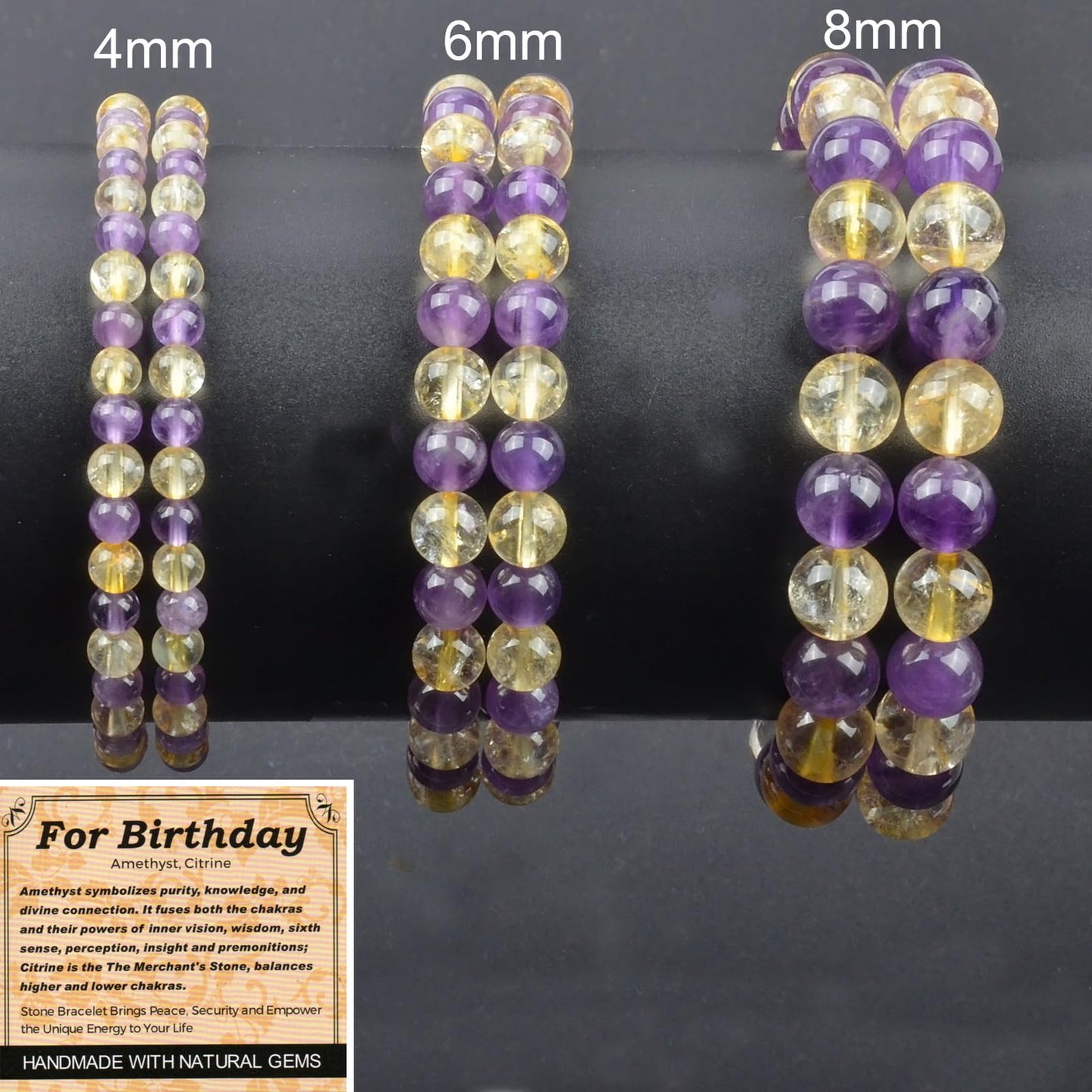 MASSIVE BEADS Amethyst Citrine - For Birthday Handmade Handmade Yoga Stretch Elastic Bracelet Natural Stone Crystal Healing Power Energy Gifts for Unisex Adult 4mm