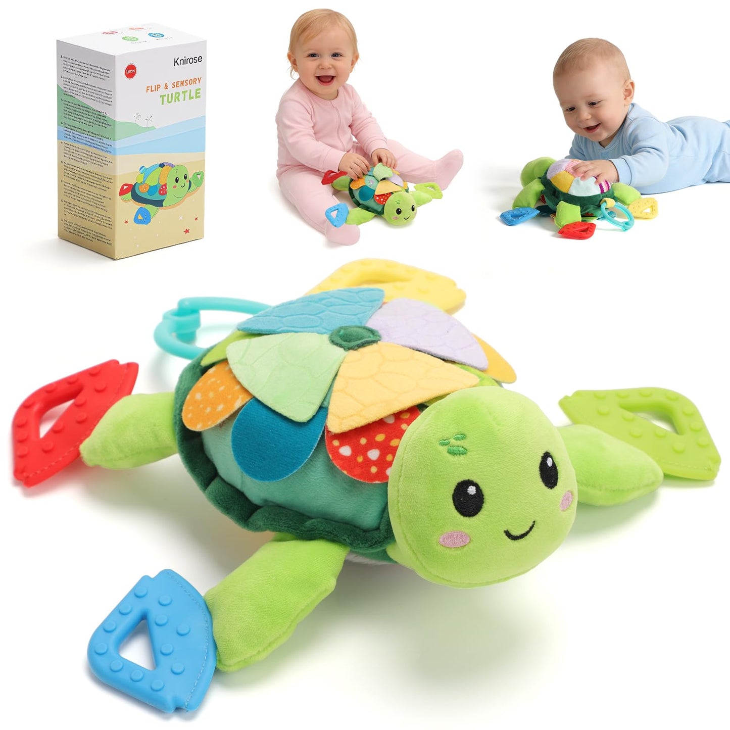 Turtle Baby Sensory Toy, 6 in 1 Montessori Tummy Time Texture Toys, Flip Scales & Multi-Textured Belly & Rattle Squeaker Teethers, Early Educational Shower Gifts for Baby Boy Girl Birthday Gifts