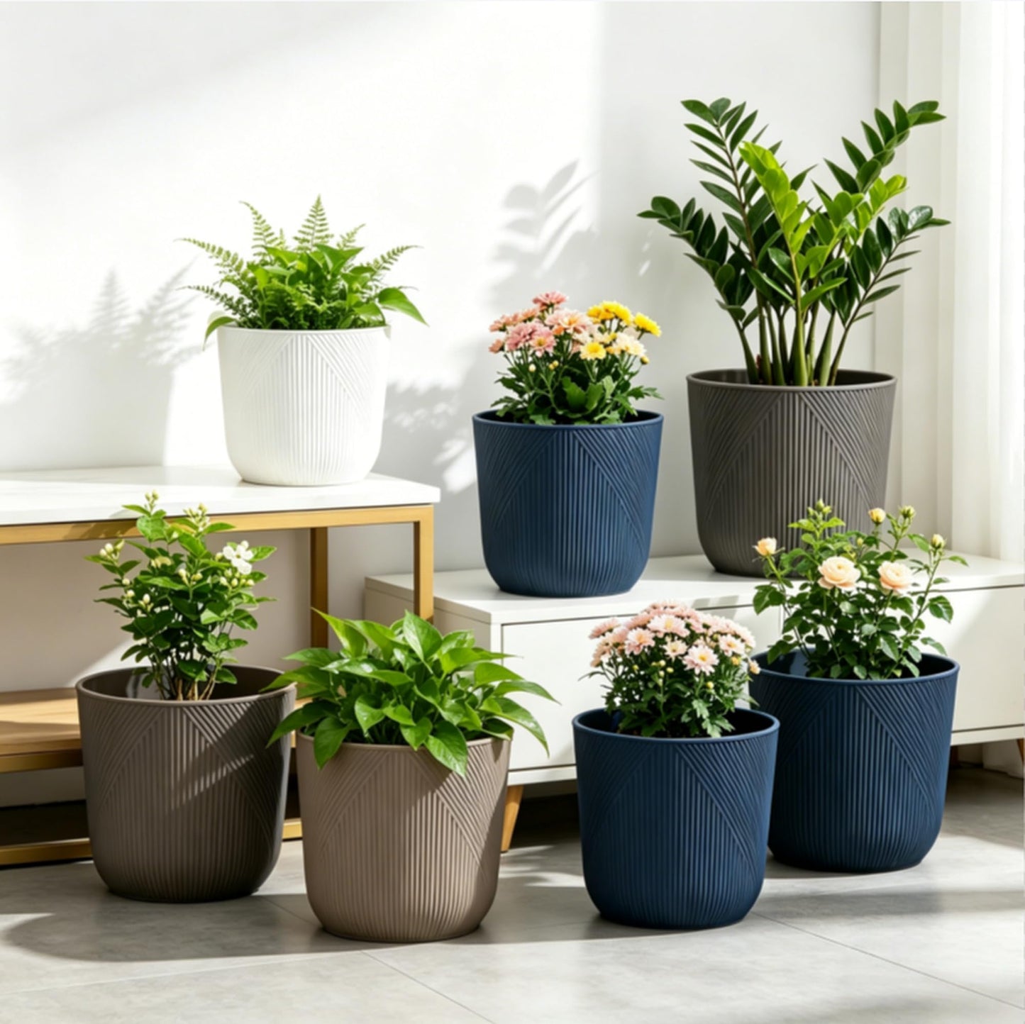 Dexceder 10x9 Striped Table Flower Plant Pot with Drainage Hole & Removable Plug (2 Pack, Deep Blue)