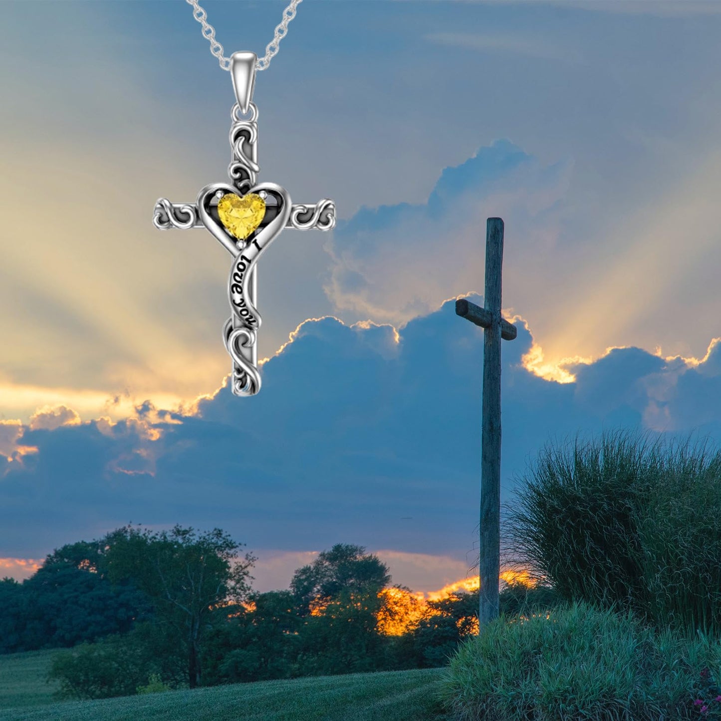 TOUPOP Citrine Cross Necklace for Women Sterling Silver November Birthstone Cross Pendant Necklace Heart Love Jewelry for Her Girlfriend Wife Mom Anniversary Birthday Mothers Day Gifts
