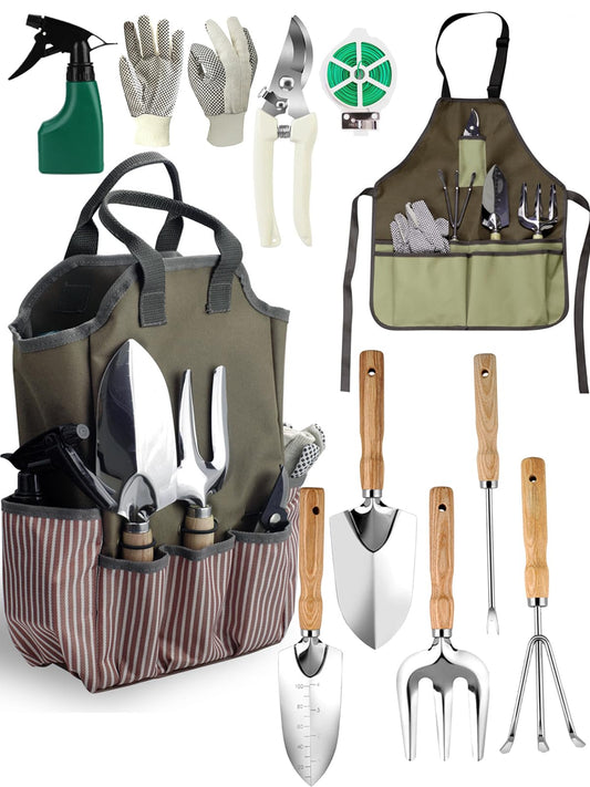 Garden Tools Set – 11-PCs Heavy Duty Gardening Kit, Stainless Steel Tools with Wooden Handles, Canvas Tote Bag, Gloves & Watering Can – Gardening Tools Gift for Women, Beginners, Patio & Backyard Use