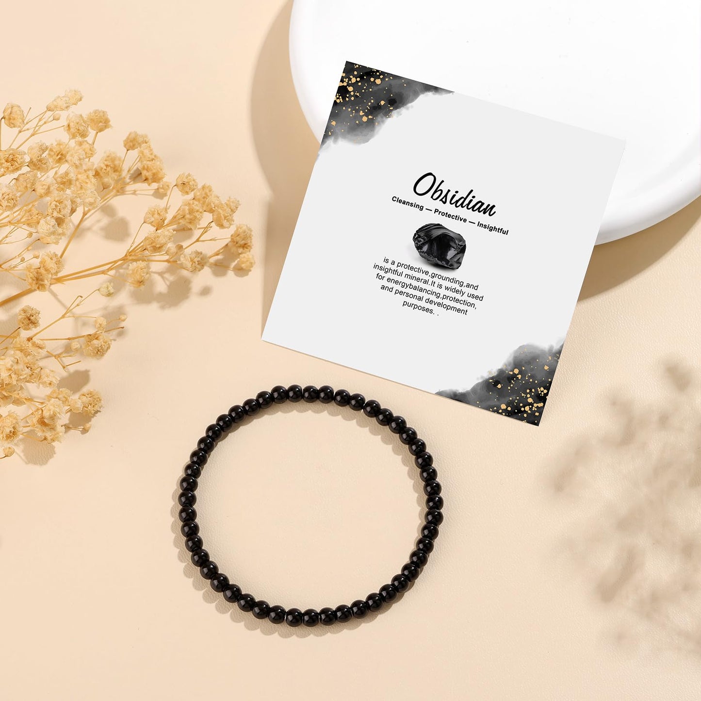 GolbalJew Natural Gemstone Beads Bracelets Healing Crystal Stone Beaded Bracelet for Women Men Handmade Spiritual Jewelry Gifts, 4mm Obsidian Round Beads