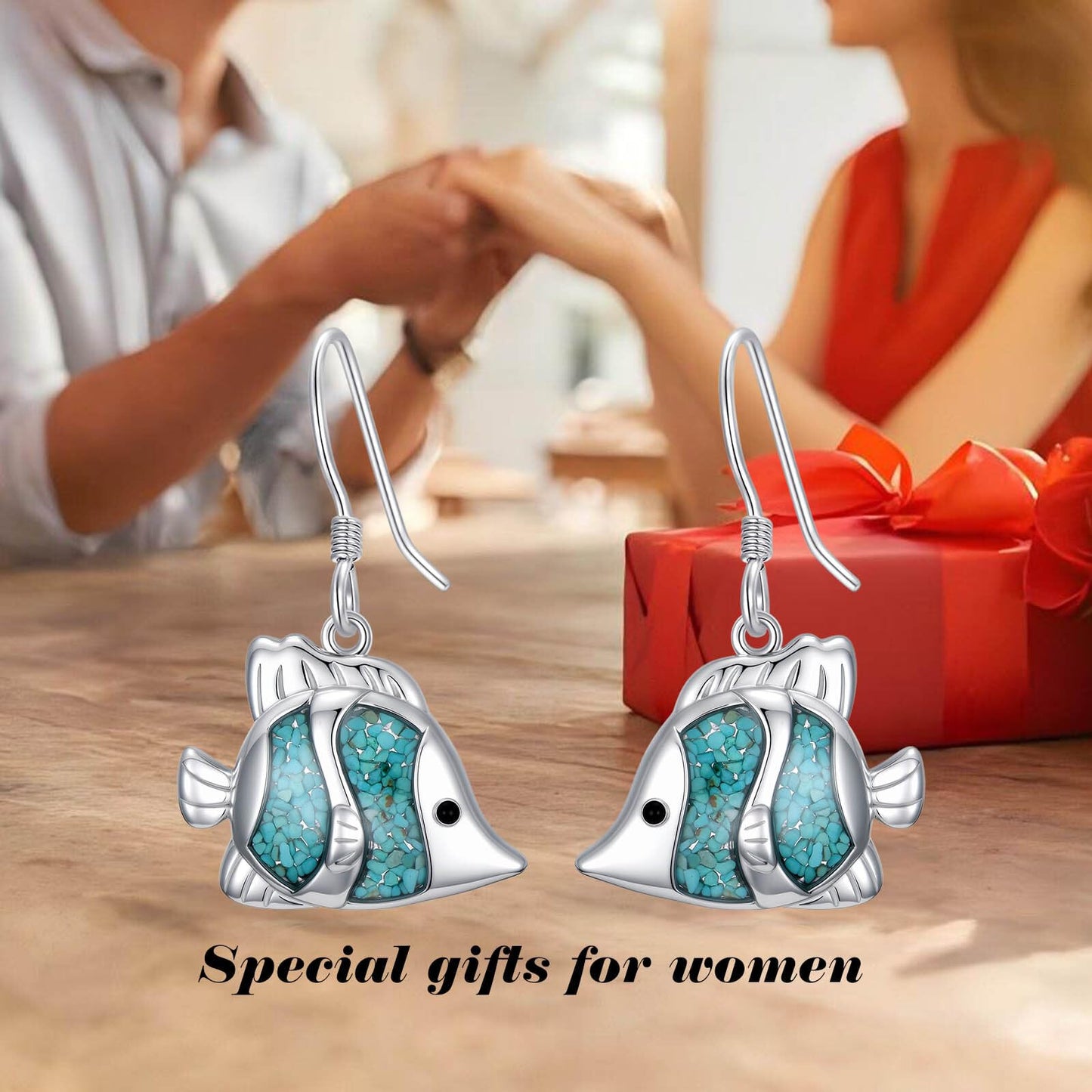 HPQQ Fish Earrings 925 Sterling Silver Turquoise Fish Dangle Earrings Ocean Beach Themed Jewelry Mother's Day Jewelry Gifts for Women