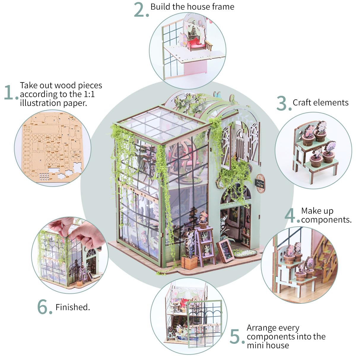 Miniature Flower House Kit - Bookshelf Decor 3D Wooden Puzzle, DIY Flower Dollhouse Booknook Making Kits with Furniture for Adults and Teenagers