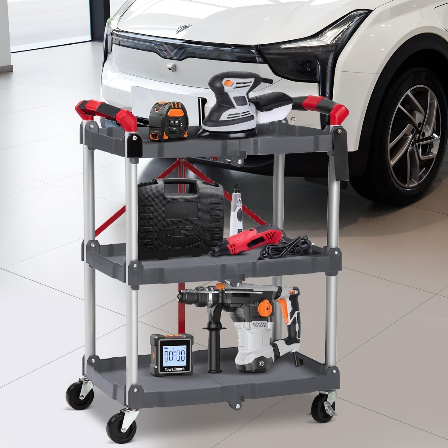 3-Tier Holds Foldable Utility Carts, Collapsible Service Rolling Carts with Wheels， for Home, Office, Garage, and Warehouse，No Installation Required