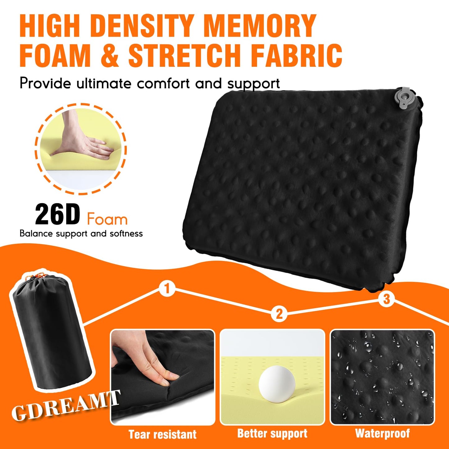 GDREAMT Inflatable Seat Cushion, Self-Inflating Memory Foam Stadium Seats Cushion Lightweight & Compact Chair Sitting Pad Airplane Cushion for Long Flight Travel Outdoor Camping Car Bleachers Office