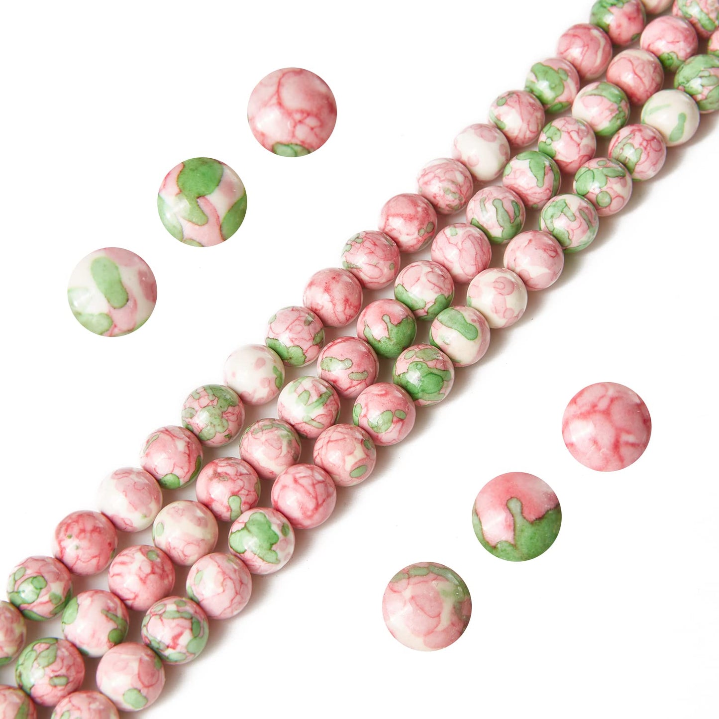 60pcs 6mm Green Red Rain Flower Beads Natural Gemstone Beads Round Loose Beads for Jewelry Making