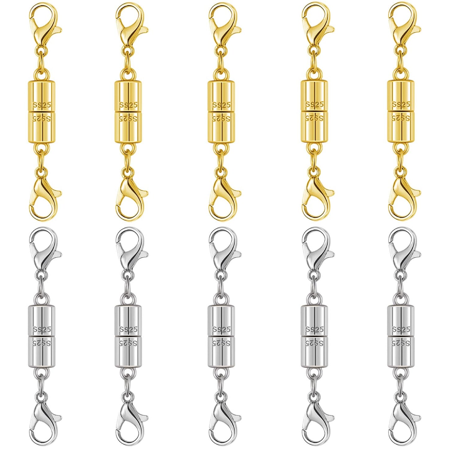 Magnetic Jewelry Clasps, 925 Sterling Silver, Strong Magnetic Closures for Necklaces and Bracelets (10pcs Golden Silvery)