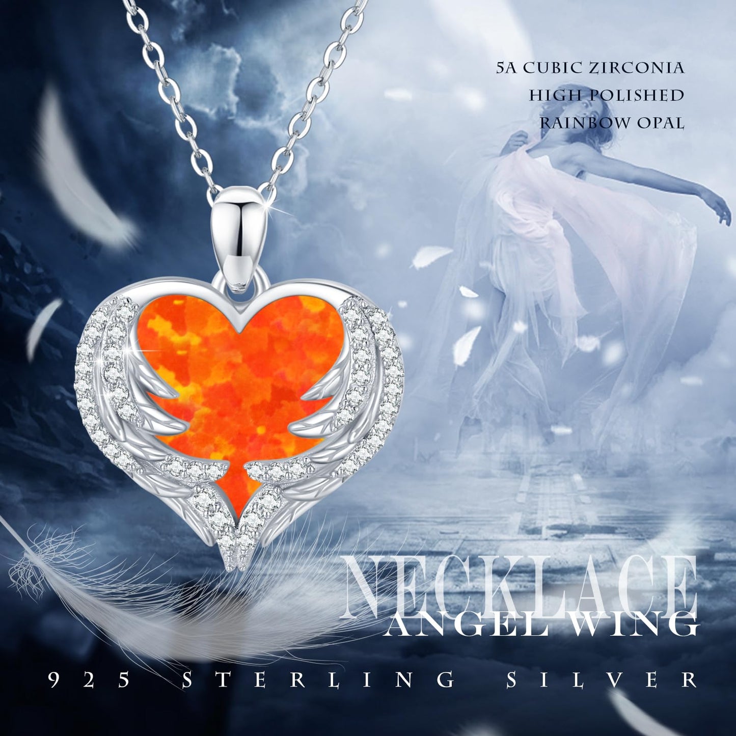 CUOKA MIRACLE Heart Necklace Angel Wing Heart Opal Necklace 925 Sterling Silver Women Necklace Guardian Angel Wings Pendant Necklace Dainty Opal Jewelry Birthday Gifts for Mom Women (Orange Opal Wings)