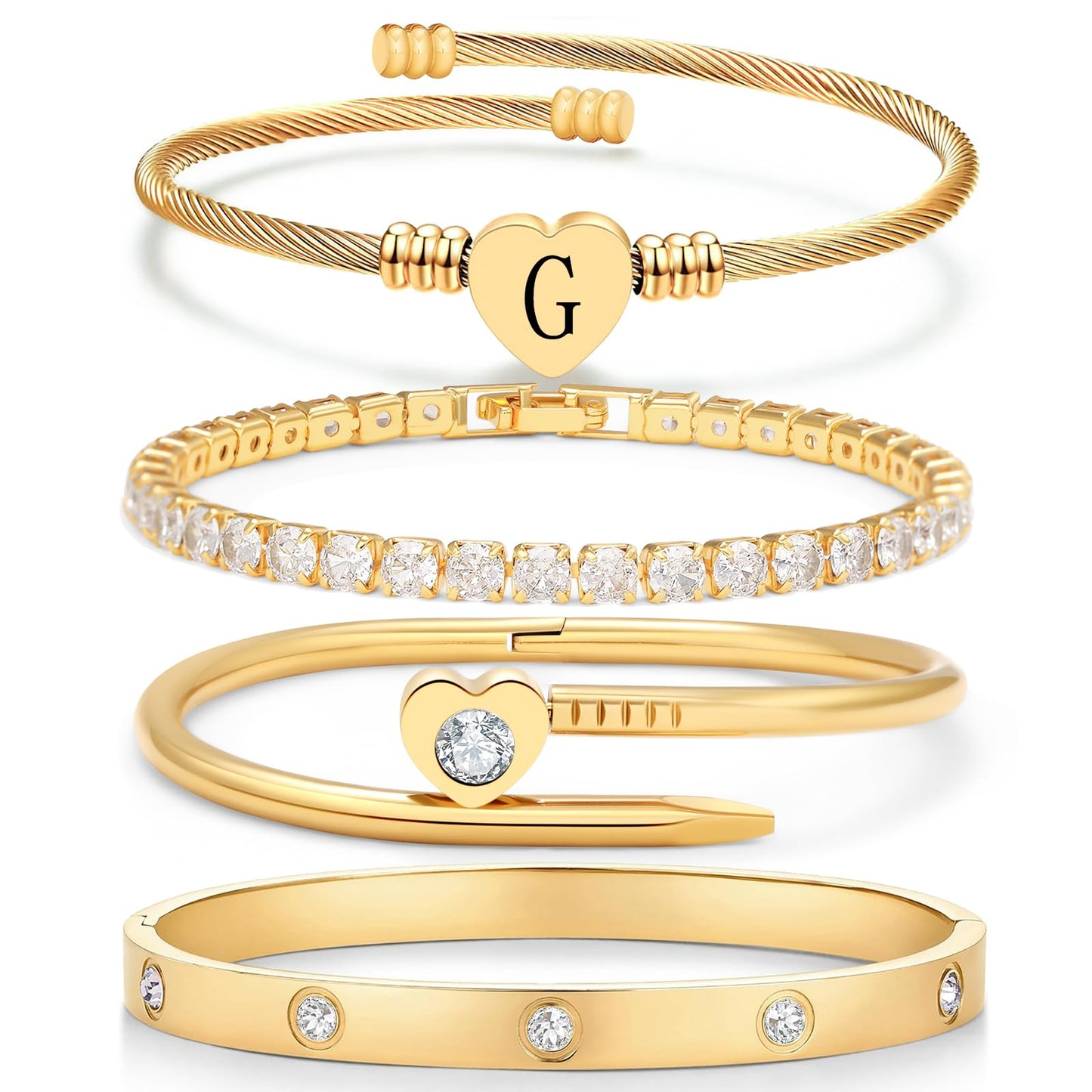 MEIERYA18K Gold Plated Nail love Bangle Bracelet Set for Women,Cubic Zirconia,Adjustable tennis bracelet Trendy Gift Jewelry for Mother's Day Anniversary (06-Style-G)