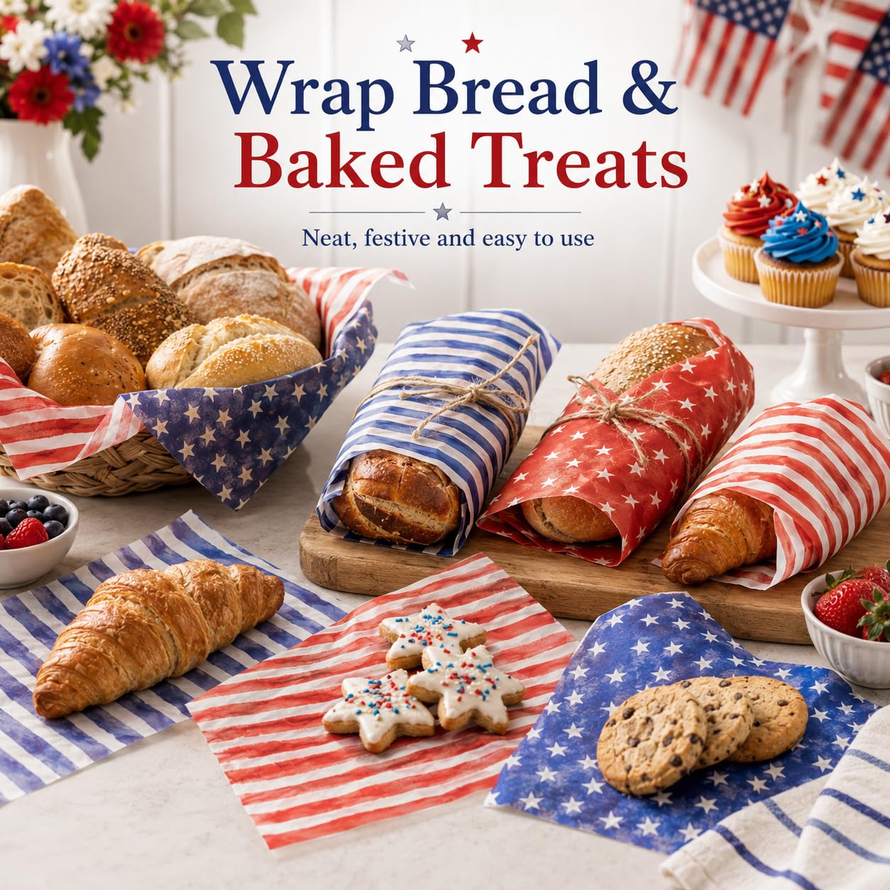 240 Sheets Watercolor Patriotic Wax Paper for Food Deli, 9.8 x 8.3'' Seamless Blue Red Stars Stripes Greaseproof Wrapping Paper for 4th of July Sandwich Picnic Basket Liner Party Supplies