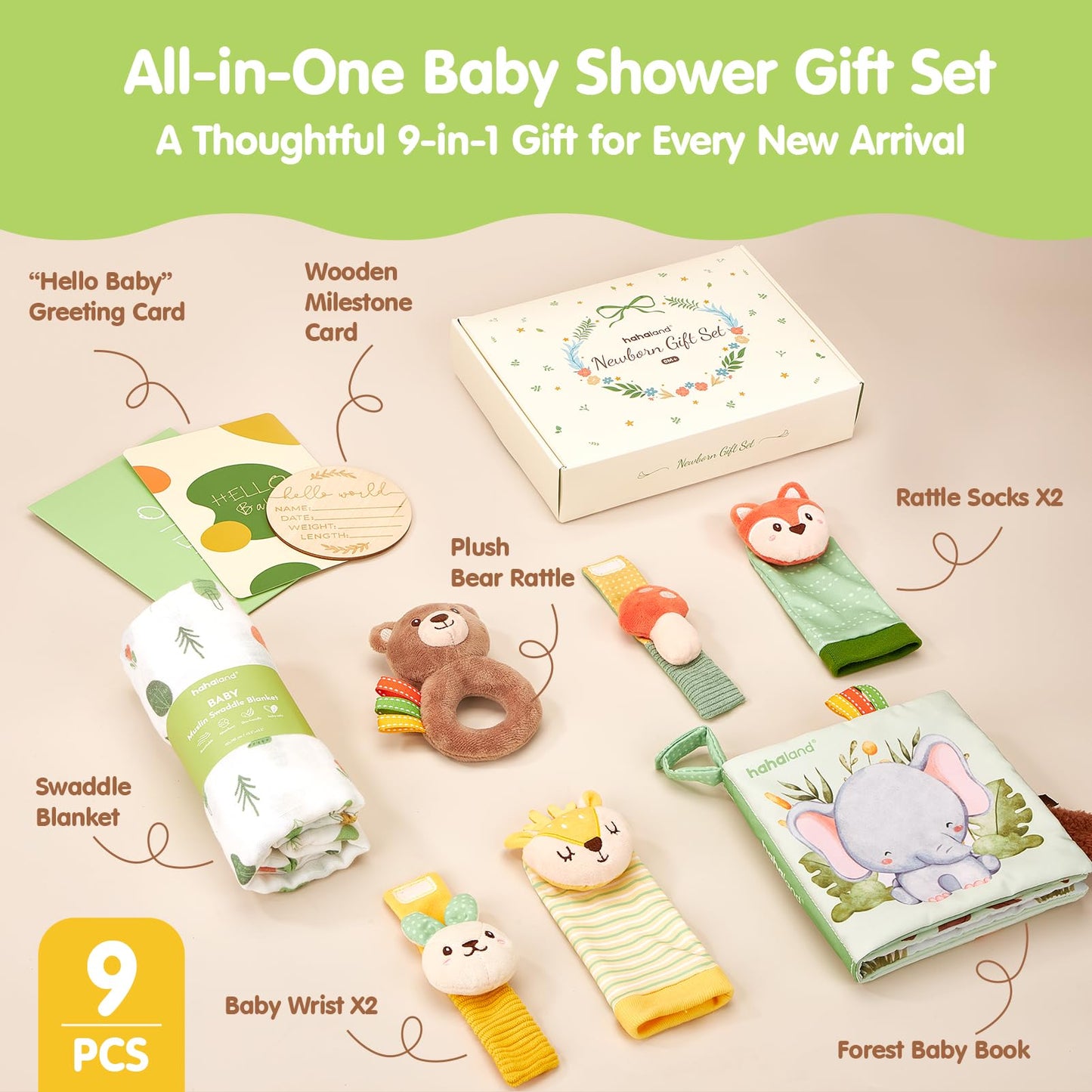 hahaland Baby Shower Gift for New Mom, Newborn Gift Set for Boys & Girls with Swaddle Blanket, Rattle Socks and Wristband Set, Plush Rattle, Soft Baby Crinkle Book, Wooden Milestone Card