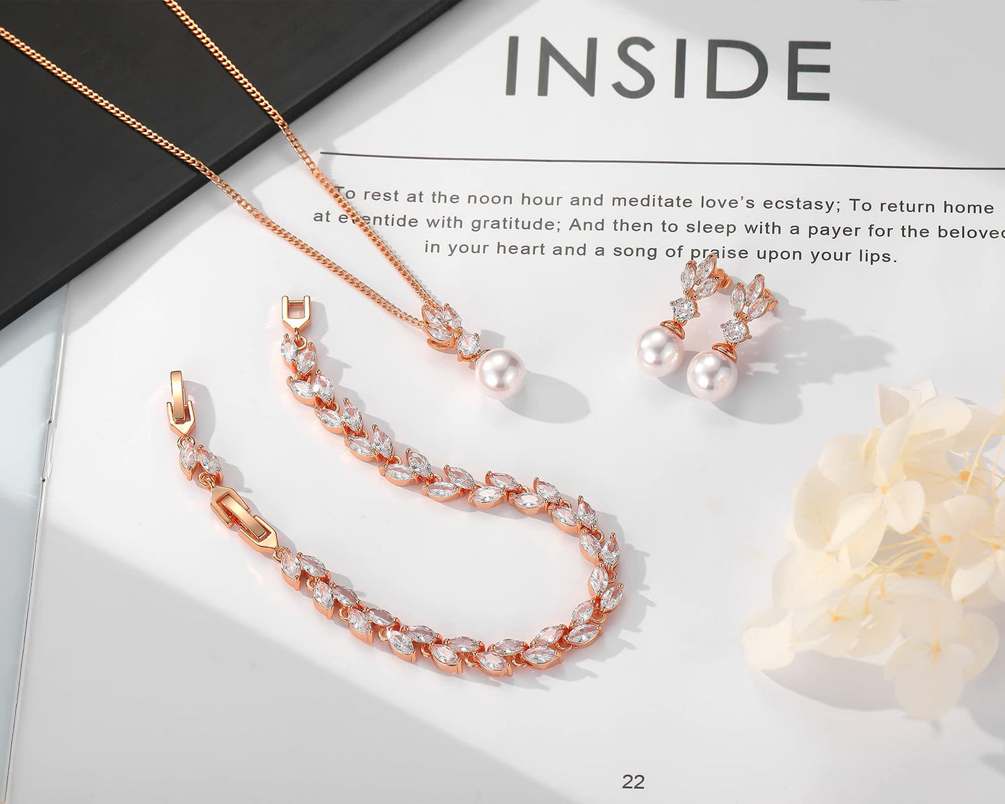 IDASANY Wedding Jewelry for Bride Bridesmaid, Pearl Dangle Earrings and Pendant Necklace Set Bridal Jewelry for Promise Wedding Party, 1 Set, Rose Gold