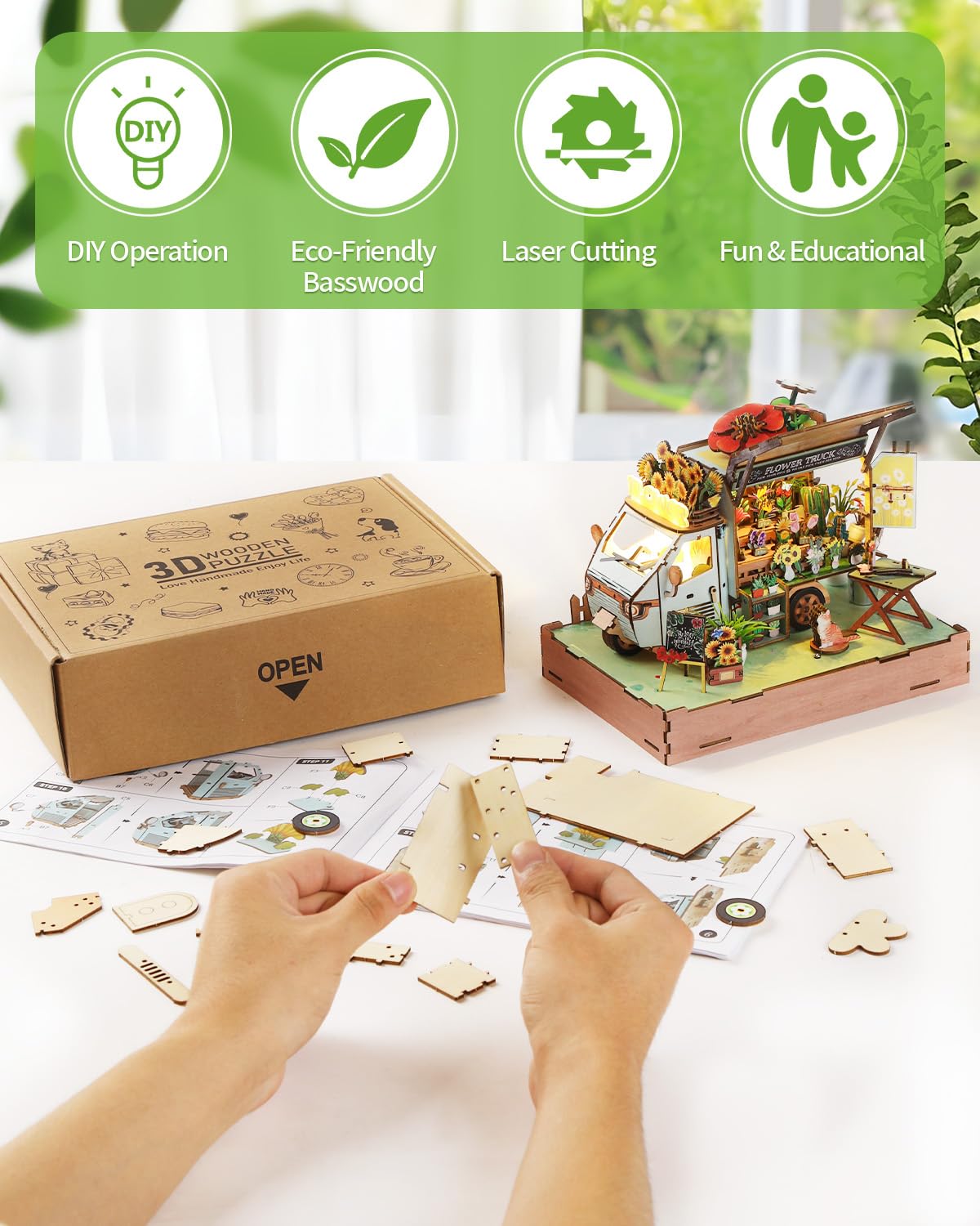 Rnfinewow DIY Miniature House Kit Flower Cart, DIY Miniature Dollhouse Kit with LED Light Music for Room Bookshelf Decor, Tiny House Crafts for Adults, Birthday for Men Women Teens