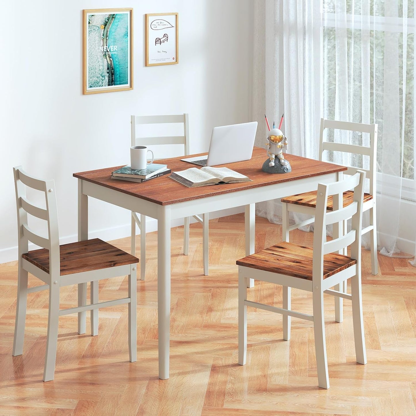 NAFORT Dining Table Set for 4, Solid Wood Kitchen Table and Chairs, Farmhouse Dinette Set w/Apron, Rubber Wood Legs, Mid-Century Modern Dining Room Table and 4 Chairs for Kitchen, Restaurant