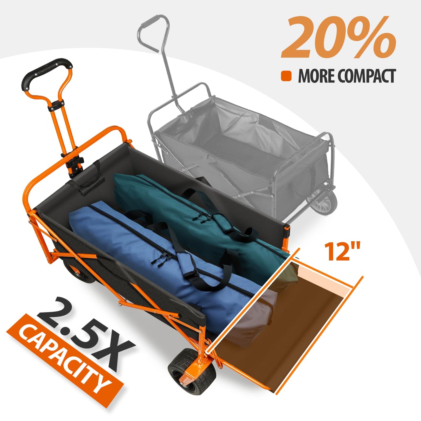TAIFA Foldable Collapsible Wagons Cart with Extra Long Tailgate, Portable Beach Utility Wagon with Big Wheels and Brakes for Sand Shopping Camping Sports Outdoor, Black and Orange