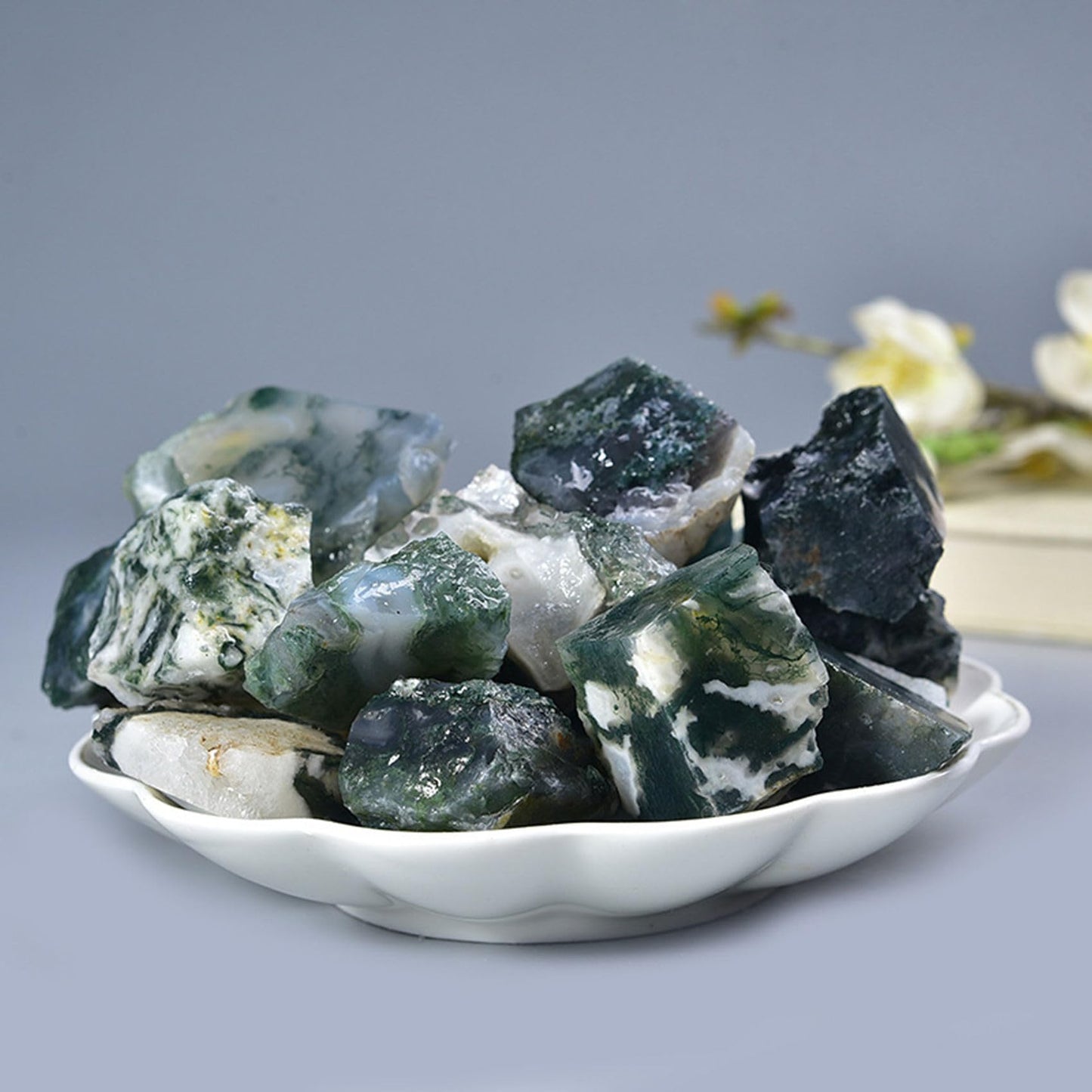 Moss Agate Raw Crystals Healing Crystals Natural Rough Stones 1.2-2" for Tumbling, Fountain Rocks, Yoga, Meditation, Polishin, Gift 28