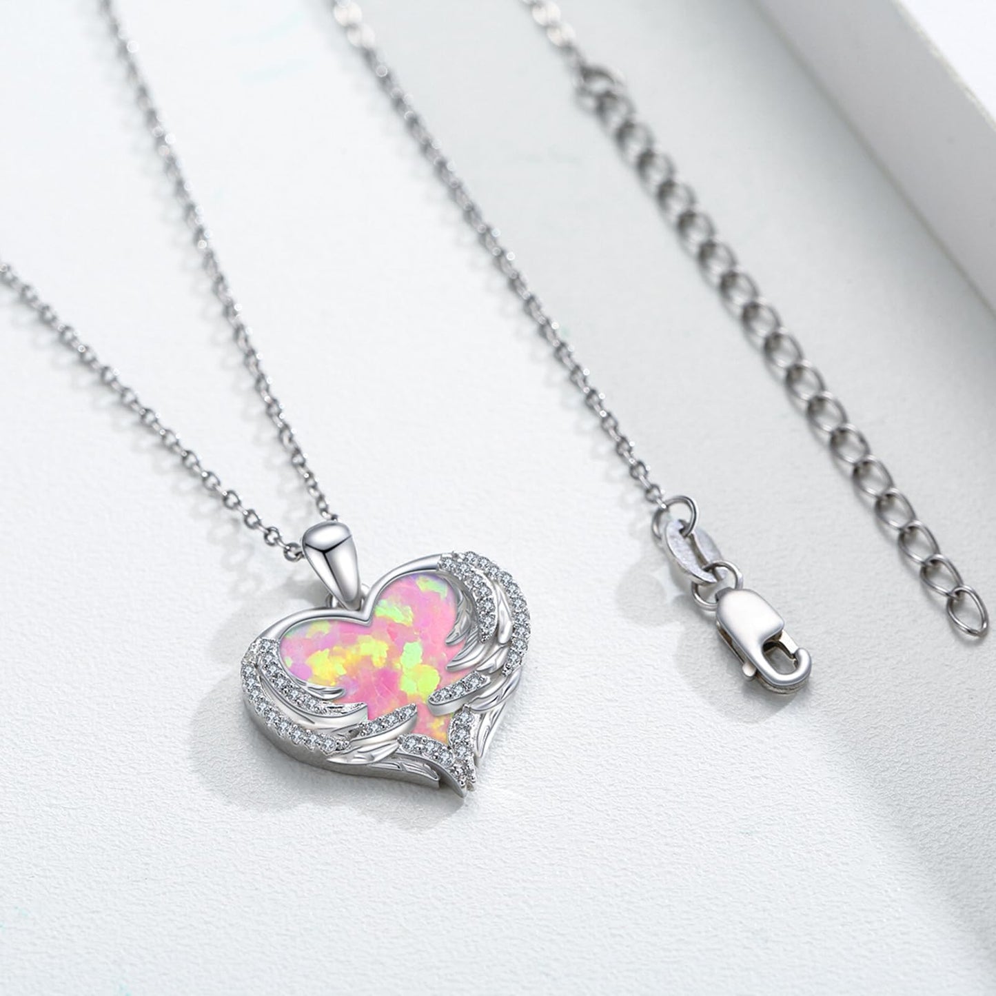 CUOKA MIRACLE Angel Wing Necklace Pink Opal Heart 925 Sterling Silver Pendant for Women Guardian Angel Wings Pendant Necklace Dainty Opal Jewelry for Women Mom Birthday Gifts