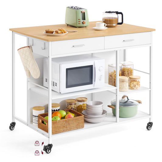 VASAGLE Kitchen Rolling Island, Mobile Kitchen Cart with Storage on Wheels, 27.6 x 43.3 x 35.4 Inches, 2 Drawers, 2 Hooks, for Dining Room, Oak Beige and Matte White UKKI011Y01