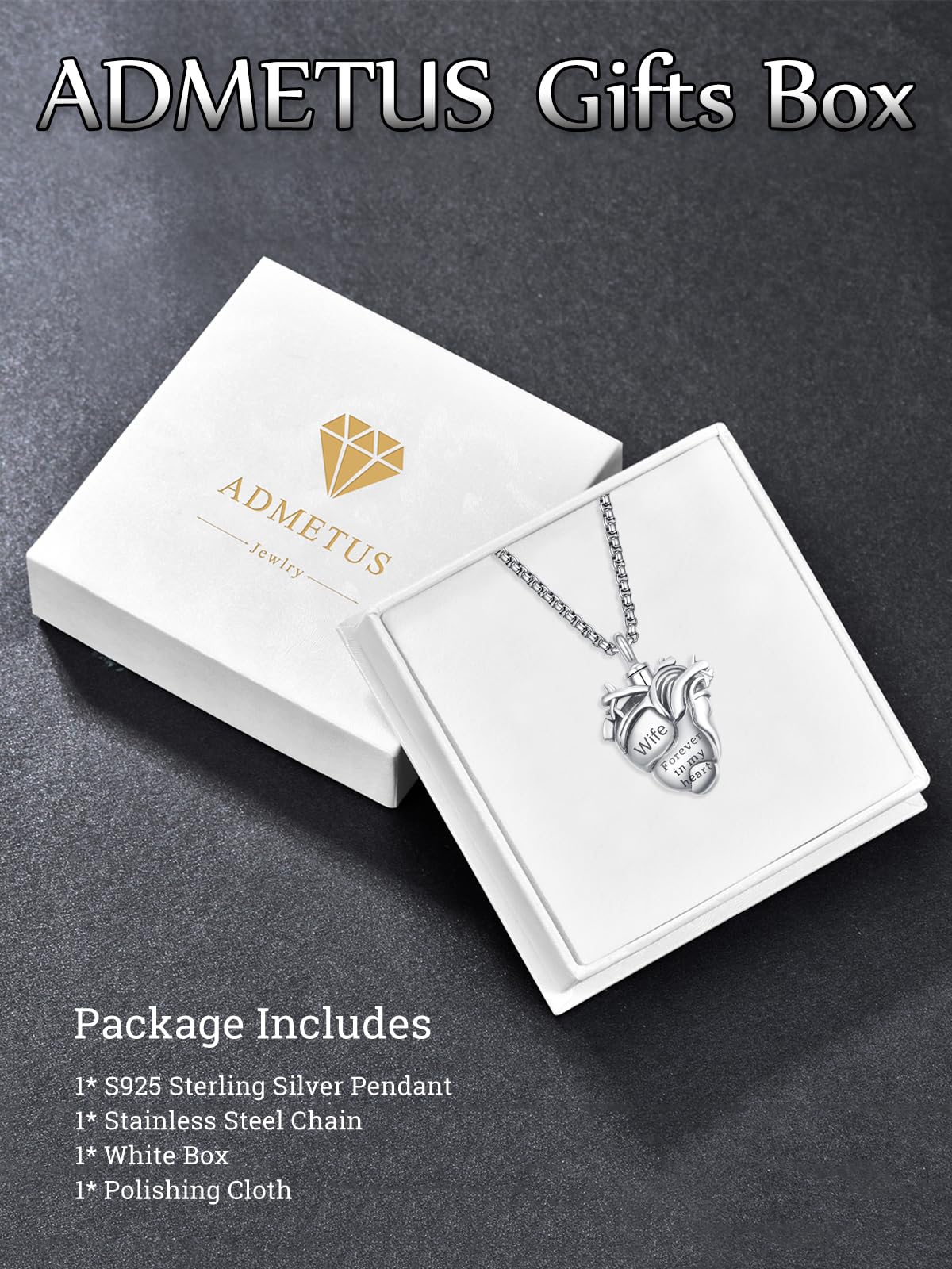 Anatomical Heart Urn Necklaces for Ashes Sterling Silver Ash Pendants Cremation Jewelry Wife Keepsake Pendant Memorial Jewelry Gifts for Loss of Wife