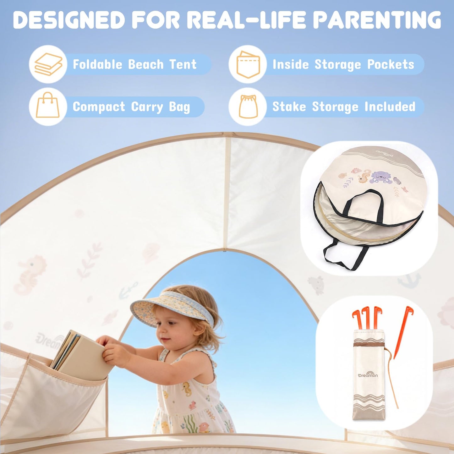 Baby Beach Tent with Pool – Dreamon Pop Up Shelter UV Protection for Infant, Foldable Kids Play Tent with Beach Toys Set and Carry Bag, Summer Outdoor Use Portable Baby Beach Essentials